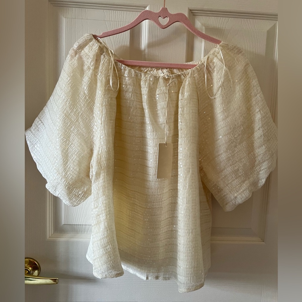 MELLODAY Cream Sequin Short Sleeve Puff Blouse MED NWT